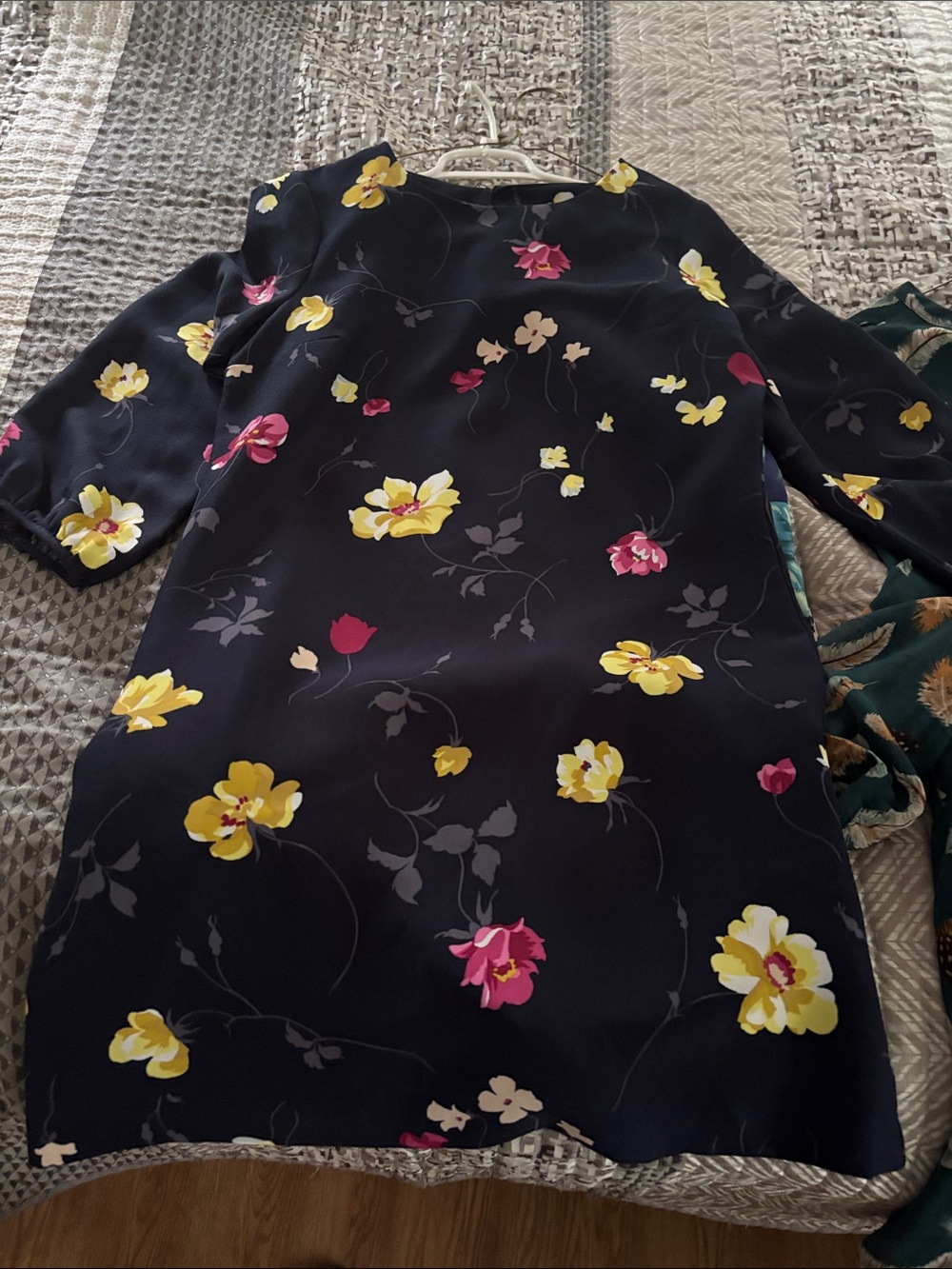 Ann Taylor Factory Navy Floral Midi Dress with Yellow & Pink Blooms